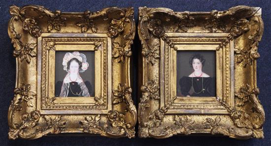 Victorian School Miniatures of Mrs Prior and Mrs Penheth neé Langsdale, 3.5 x 3in.